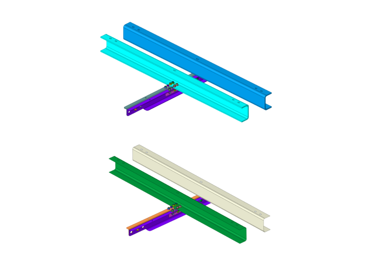 Många FEM-programvaror kan automatiskt generera mittytor. Modellen visar strukturbalkar som har förenklats till mittytor för analys med skalelement.