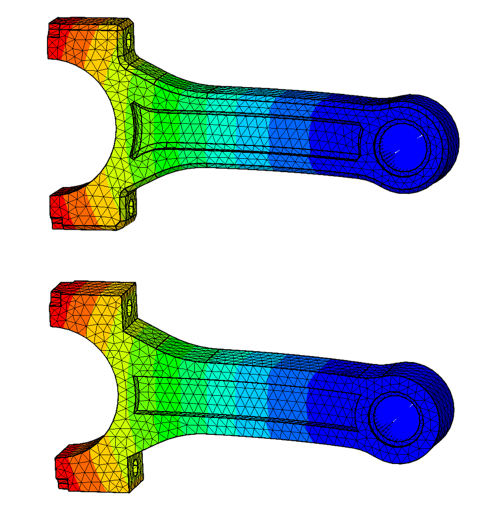 Deformerad modell med fillets i den övre modellen och utan fillets i den undre modellen.