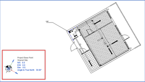 Bildet viser funkjson i Revit; om du klikker på Project Base Pont skal rotasjonen vises i Angle to True North 30°: