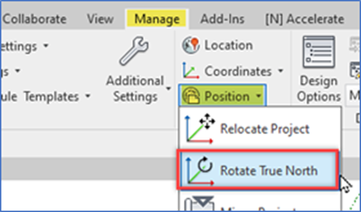 Bildet viser funksjonen i Revit under Manage - Position - Rotate True North