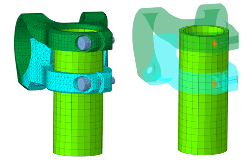 Jämförelse mellan meshat bultförband (vänster) och en förenklad modell där förbandet ersätts av två RBE2-noder kopplade med en stel länk (höger).