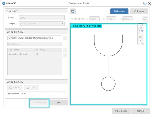 Custom Families, se hvordan objektet vil se ut i både Plan visning (2D) og 3D visning.